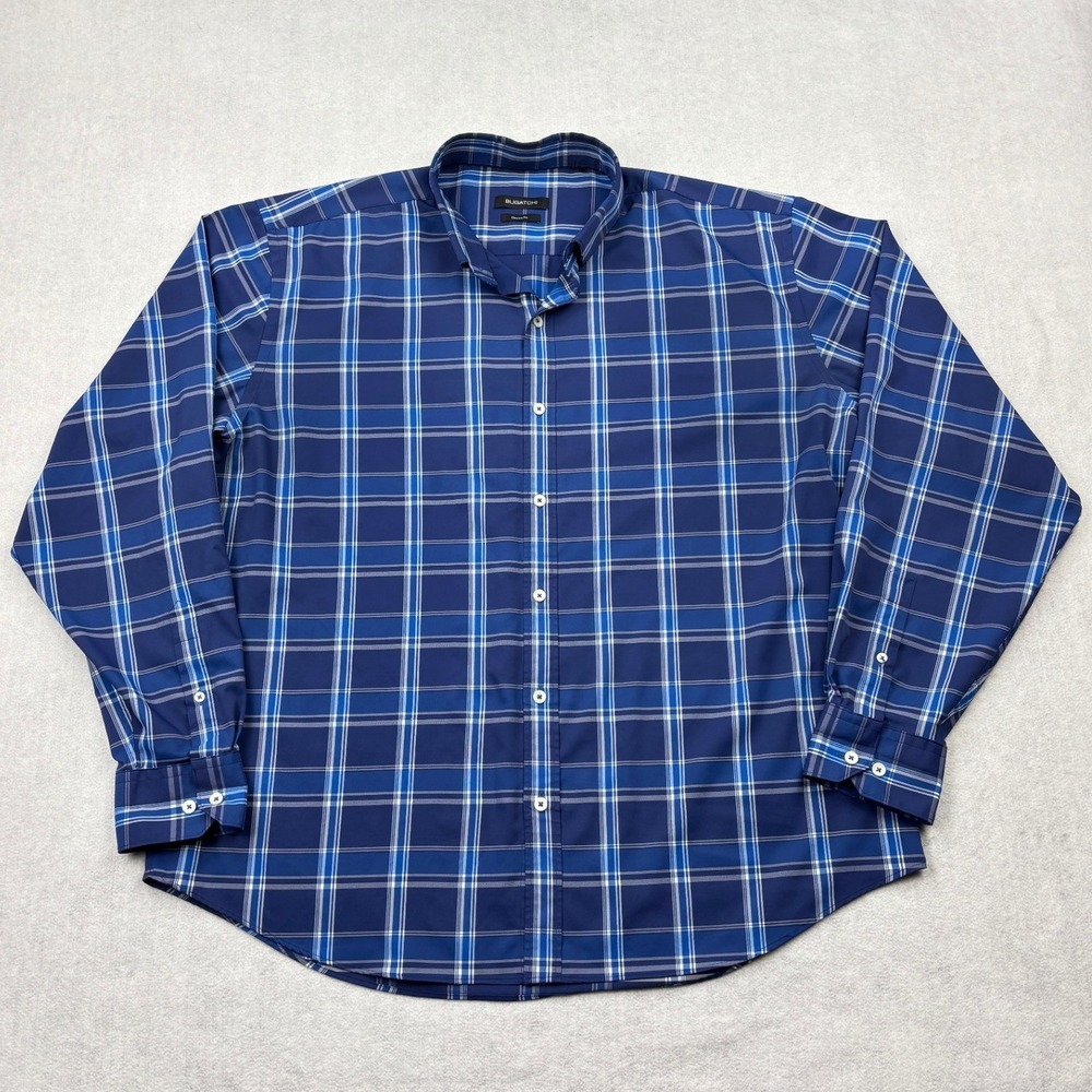 Bugatchi Shirt Mens XXL Classic Fit Blue Plaid Tech Stretch Button Down Long Slv